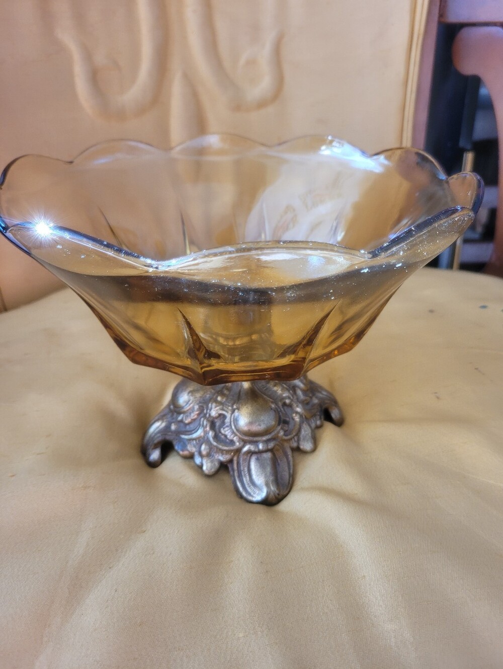 Vintage Hollywood Regency Amber Glass Compote Bowl with Ornate Metal Base